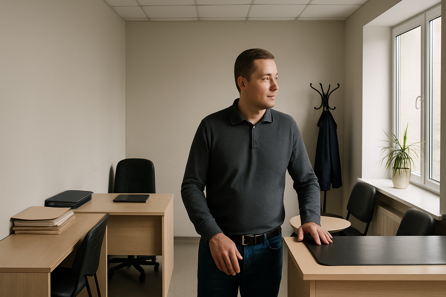 Общий план небольшого офиса компании услуг с владельцем у стойки приёмки